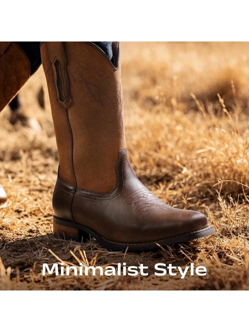 Men's All Brown Square Toe Western Comfort Slip on Upper Embroidered Cowboy Boot